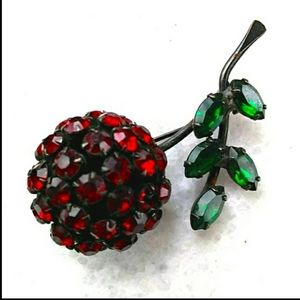 VTG Warner Japanned Metal Rhinestone Cherry Brooch